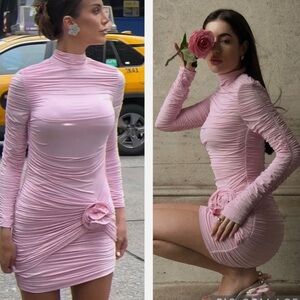HM Magda Butrym x H&M Rose-Appliqued Turtleneck Mini Dress Light Pink Size S